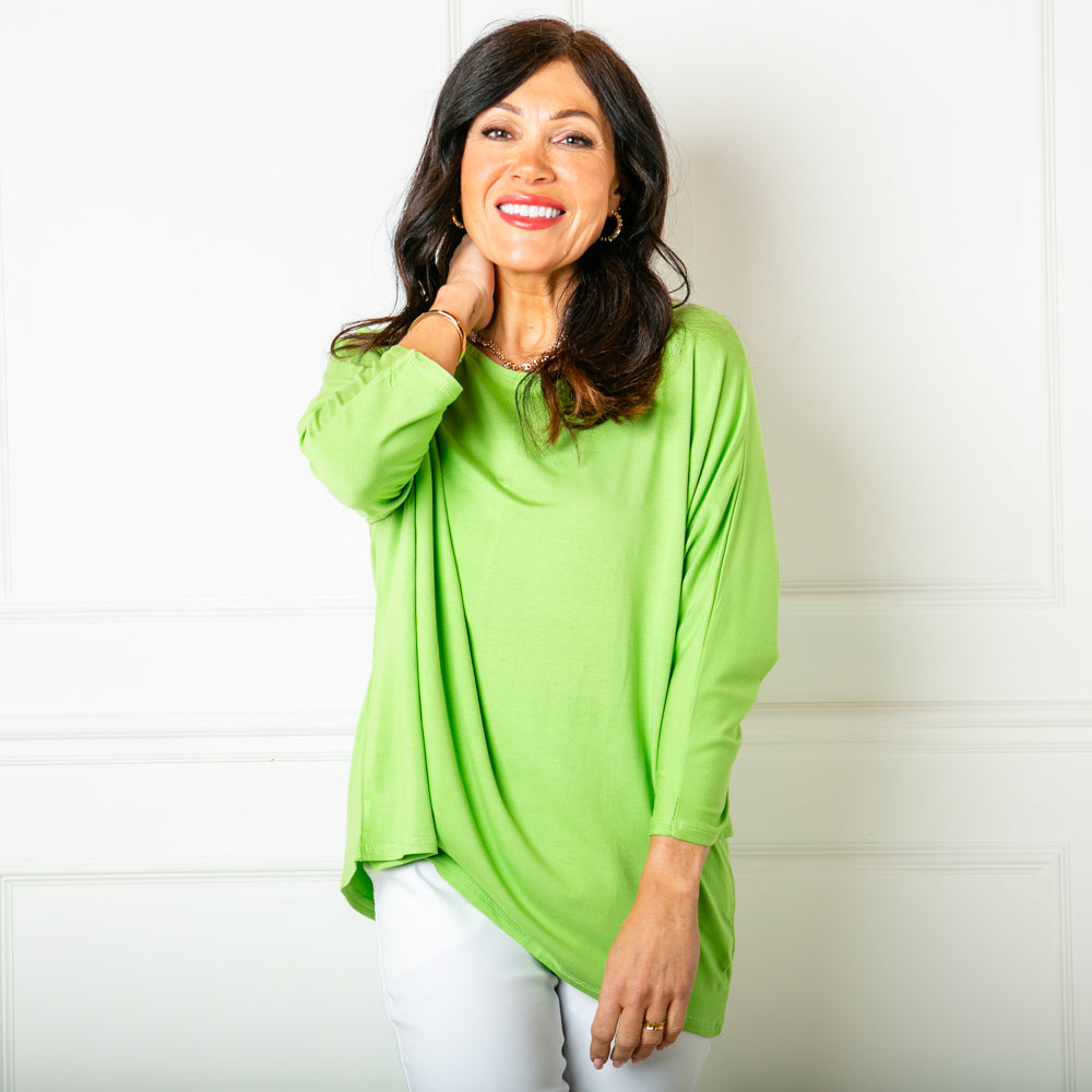 The lime green Batwing T-shirt which is super soft and made from a stretchy viscose material