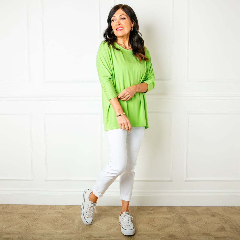 The lime green Batwing T-shirt which is a great wardrobe staple and makes a great base layer