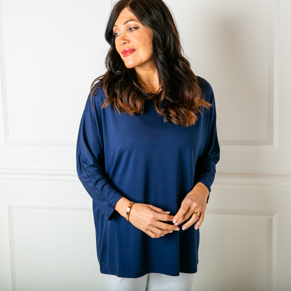 The navy blue Batwing T-shirt with 3/4 length sleeves and a round neckline