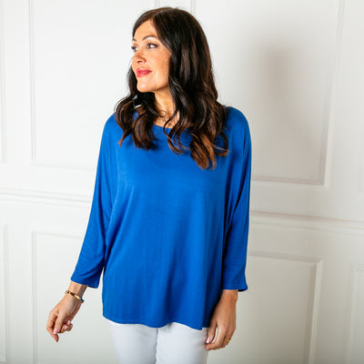 The royal blue Batwing T-shirt with 3/4 length sleeves and a round neckline