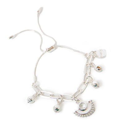 The Bay Bracelet in silver with beaded charms and a gorgeous fan charm around the length