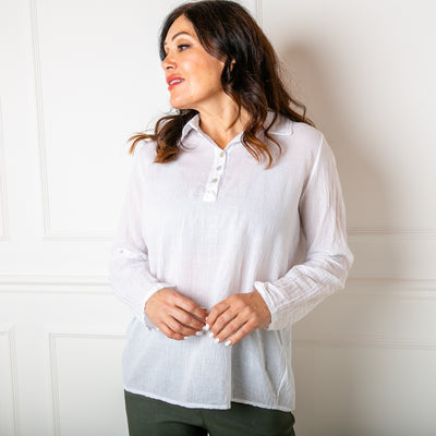The Cotton Shirt in white with button fastening to the bust, made from 100% cotton