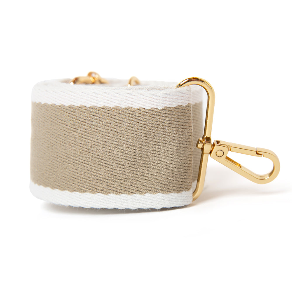 Fully adjustable detachable bag strap in neutral stripe beige, cream, white with gold hardware. Perfect for adding a unique touch to any bag