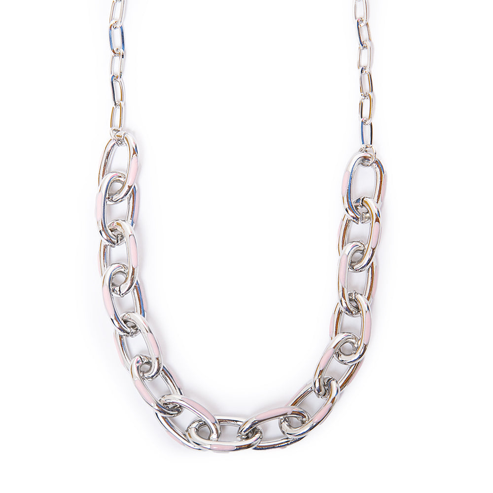 The Enya necklace in silver and pink with a chunky metal chain and a metal clasp fastening