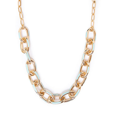 The Enya necklace in gold and turquoise blue with a chunky metal chain and a metal clasp fastening