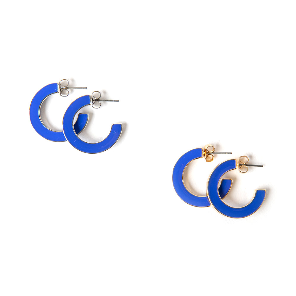 The Harlow Earrings available with silver or gold rims in royal blue with a butterfly back fastening