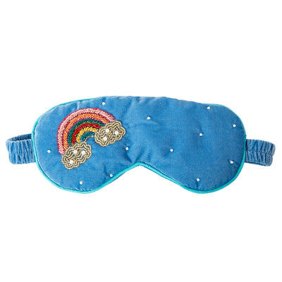 My Doris Eye Mask in blue over the rainbow with beautiful beaded embroidery on the front in the shape of a rainbow