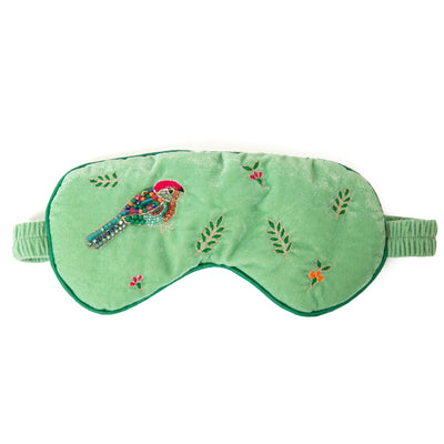 My Doris Eye Mask in green songbird with beautiful beaded embroidery on the front in the shape of a bird and leaves