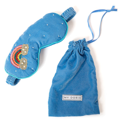 The My Doris over the rainbow Eye Mask in velvet with an elasticated strap and a drawstring bag for carrying