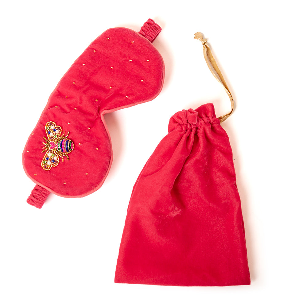 The My Doris Love Bug Eye Mask in velvet with an elasticated strap and a drawstring bag for carrying