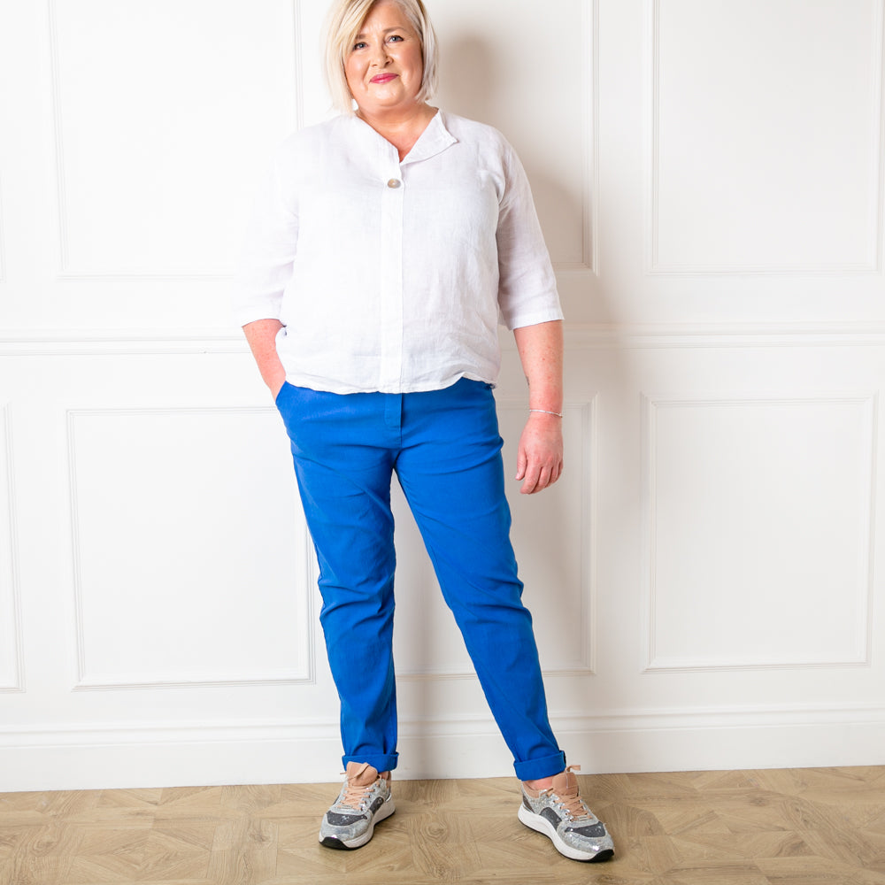 Plus size stretch trousers in royal blue with an elasticated waistband with a drawstring tie detail
