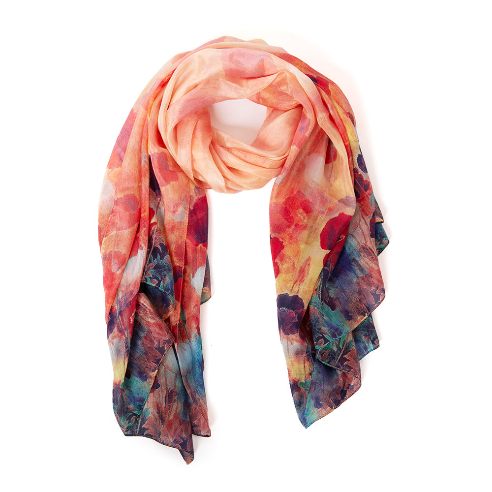 The Poppy Field Silk Scarf with beautiful shades of red and blue 