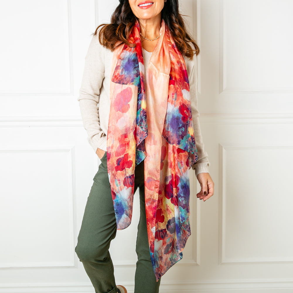The Poppy Field Silk Scarf which can be worn in lots of different ways