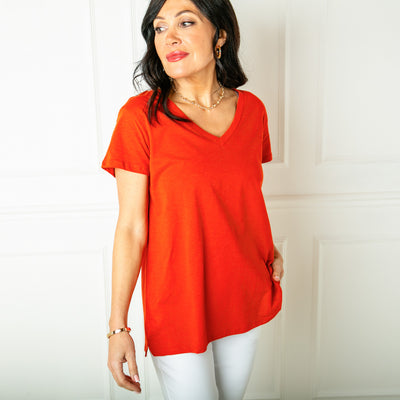 The Orange Short Sleeve V Neck T-shirt which is perfect for your summer wardrobe
