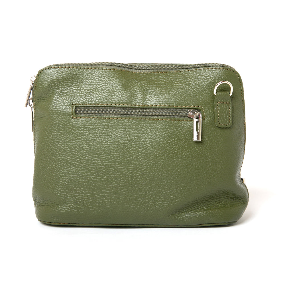 olive green leather Sloane bag, including adjustable strap, zip fastening, buckle detail and the outside pocket.