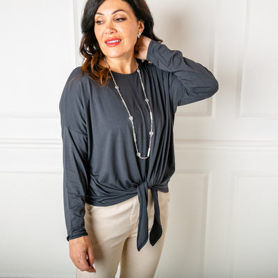 Tie Front Top in charcoal grey with long sleeves and a round crew neckline