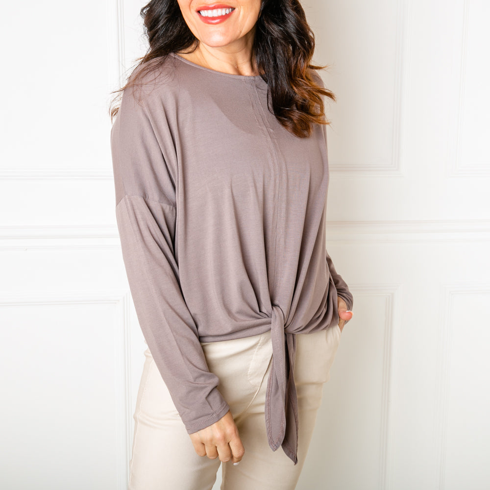 Tie Front Top in taupe brown with long sleeves and a round crew neckline
