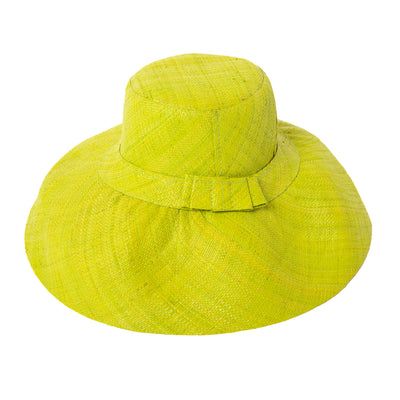 The lime green Versailles Sun Hat which is lightweight and can be rolled up to store for travelling 