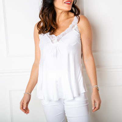 The Billi Cami Top in white made from a lightweight silky viscose material