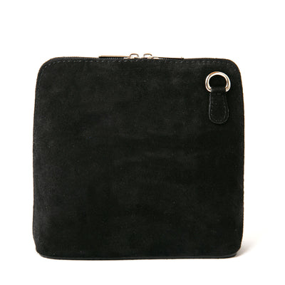 Bronte Suede Crossbody Bag in Black. Made from 100% Italian suede, shown from the front with silver hardware