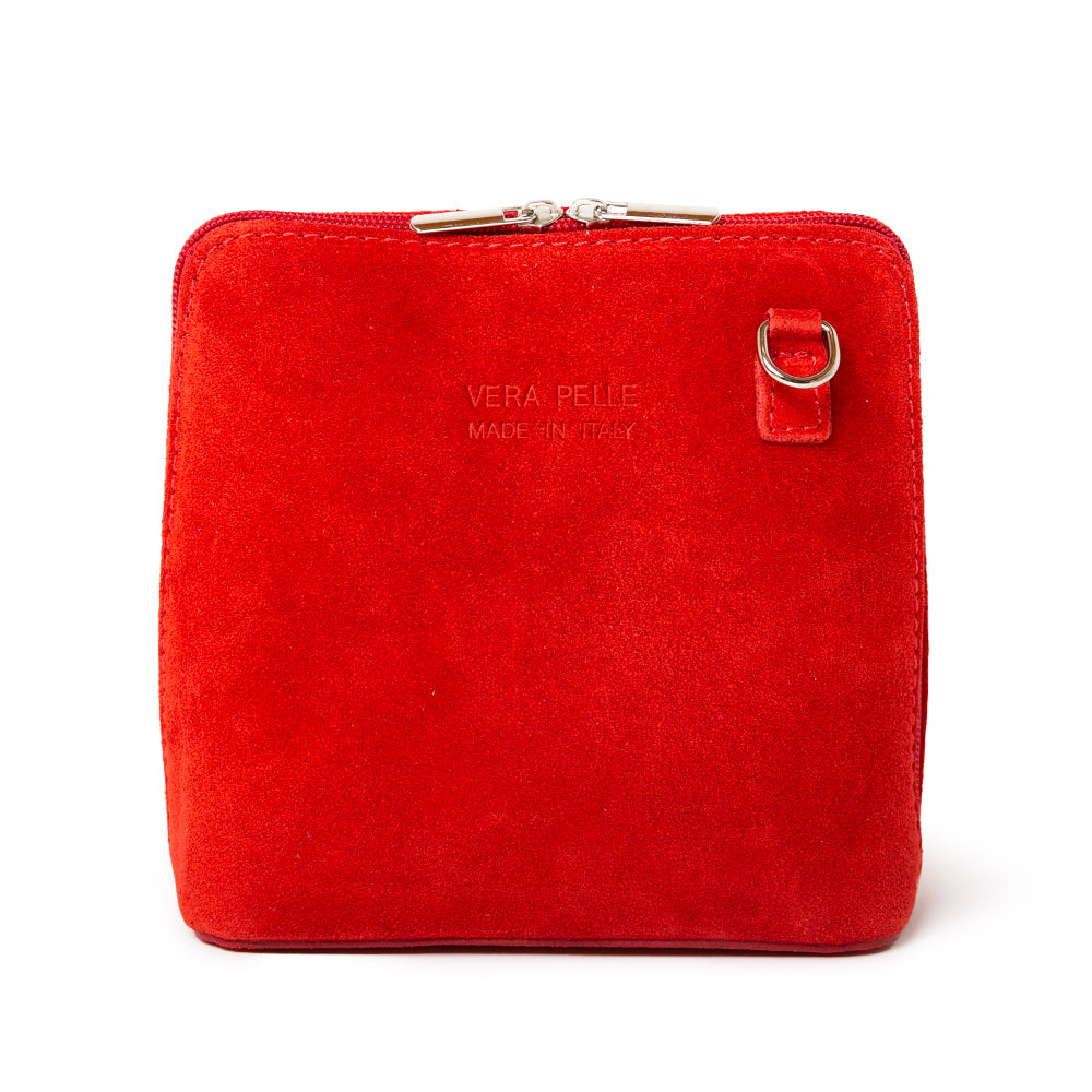 Bronte Suede Crossbody Bag in Red. Made from 100% Italian suede, shown from the front with silver hardware