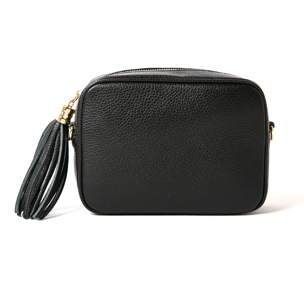 Black Italian leather Chichester handbag with tassel on side and gold hardware