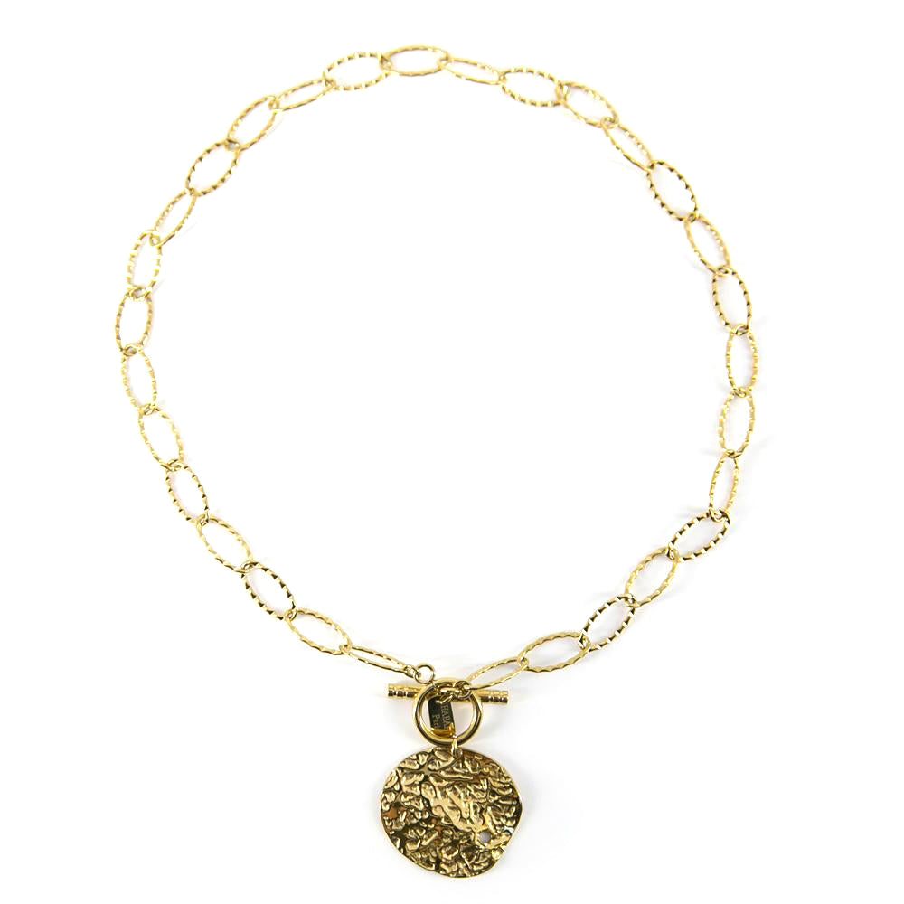 Estelle-womens-short-necklace-circular-pendant-textured-detail-long-oval-chain-gold-jewellery- full image 