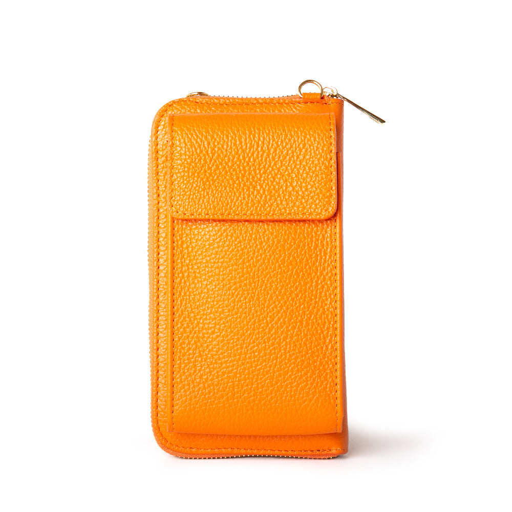 Italian leather India crossbody bag with card slots and pocket, popper fastening and detachable cross strap in orange 