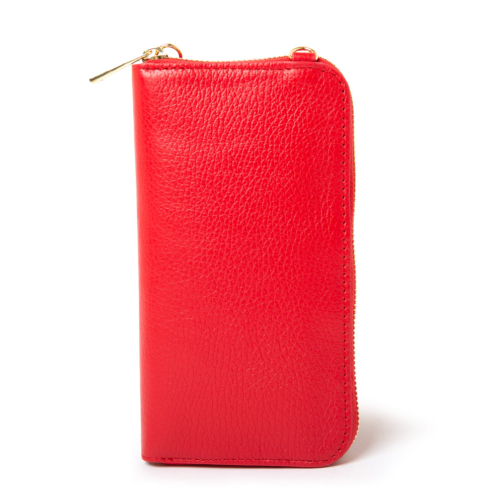 Leather cross body purse. Reverse shot of Red India leather handbag with internal card slots and pocket, popper fastening and detachable cross body strap