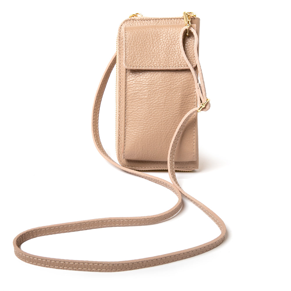 Extended strap shot of Smoke rose India leather bag with card slots and pocket, popper fastening and detachable cross body strap