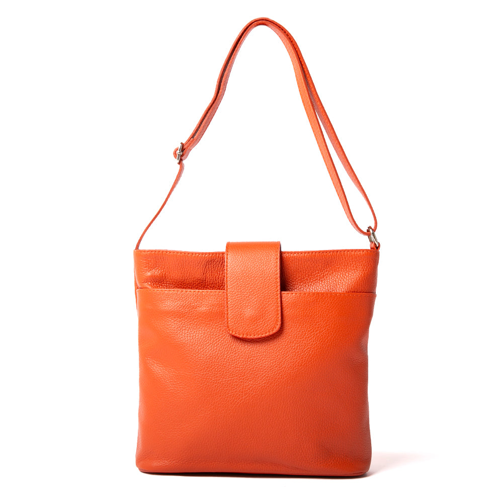 Pimlico Handbag in orange, shown from the front and including the adjustable leather strap, the fold over presstud fastening and the outside pocket. Made from Italian leather.