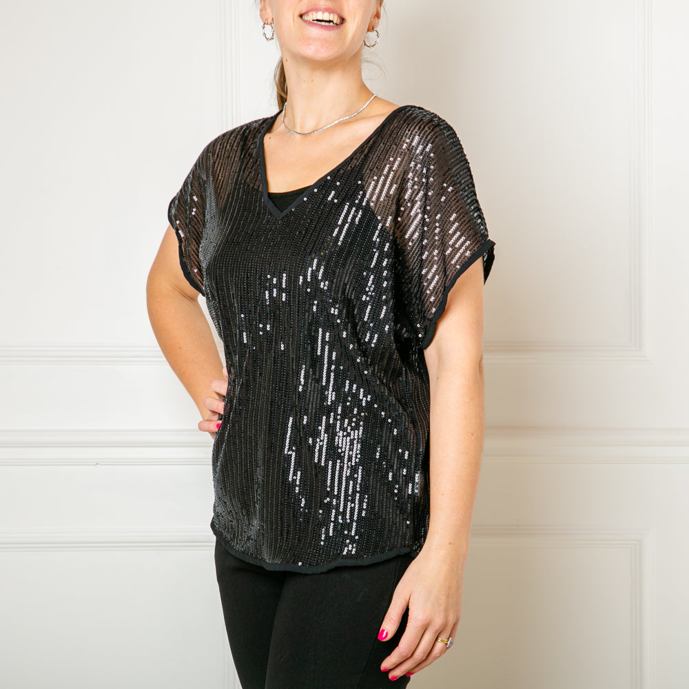 Women's Sequin Sparkly Glitter Top with Vest in Black