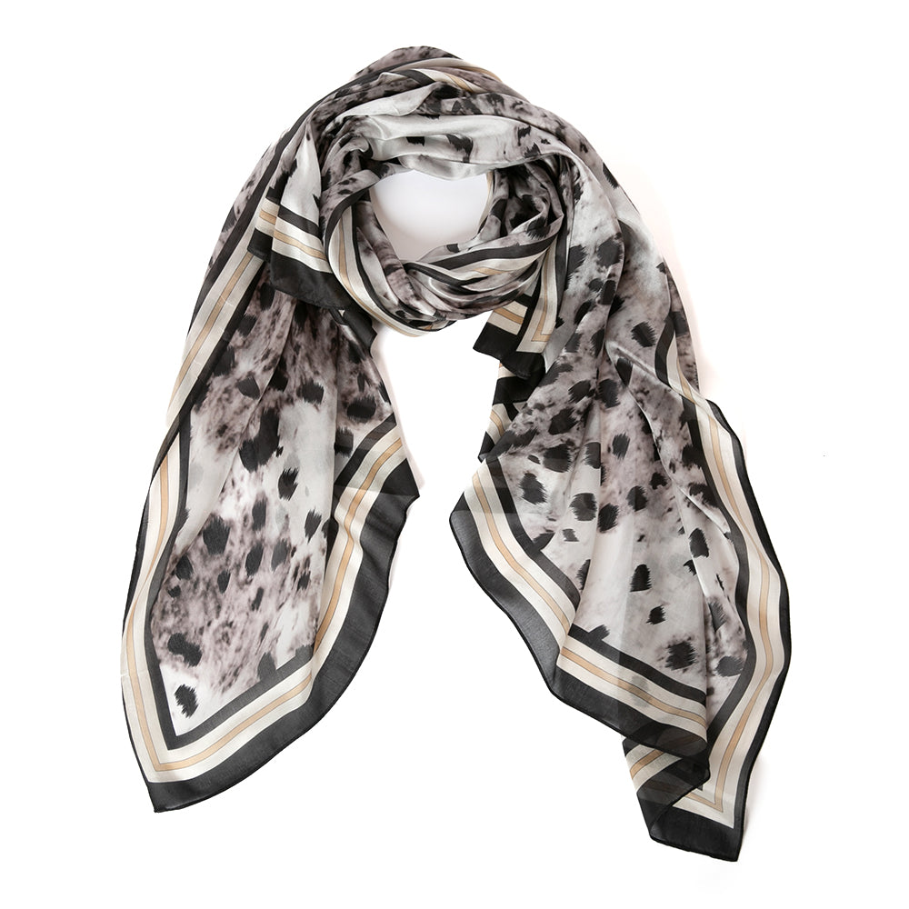 Women's Pure Silk Scarf Rectangle in a Silver Grey Leopard Print, Up Close View