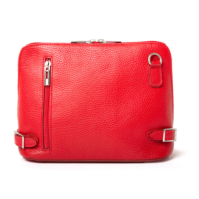 Sloane Italian leather handbag in Red, silver hardware, zip pocket, adjustable bag strap. Scarlet red.