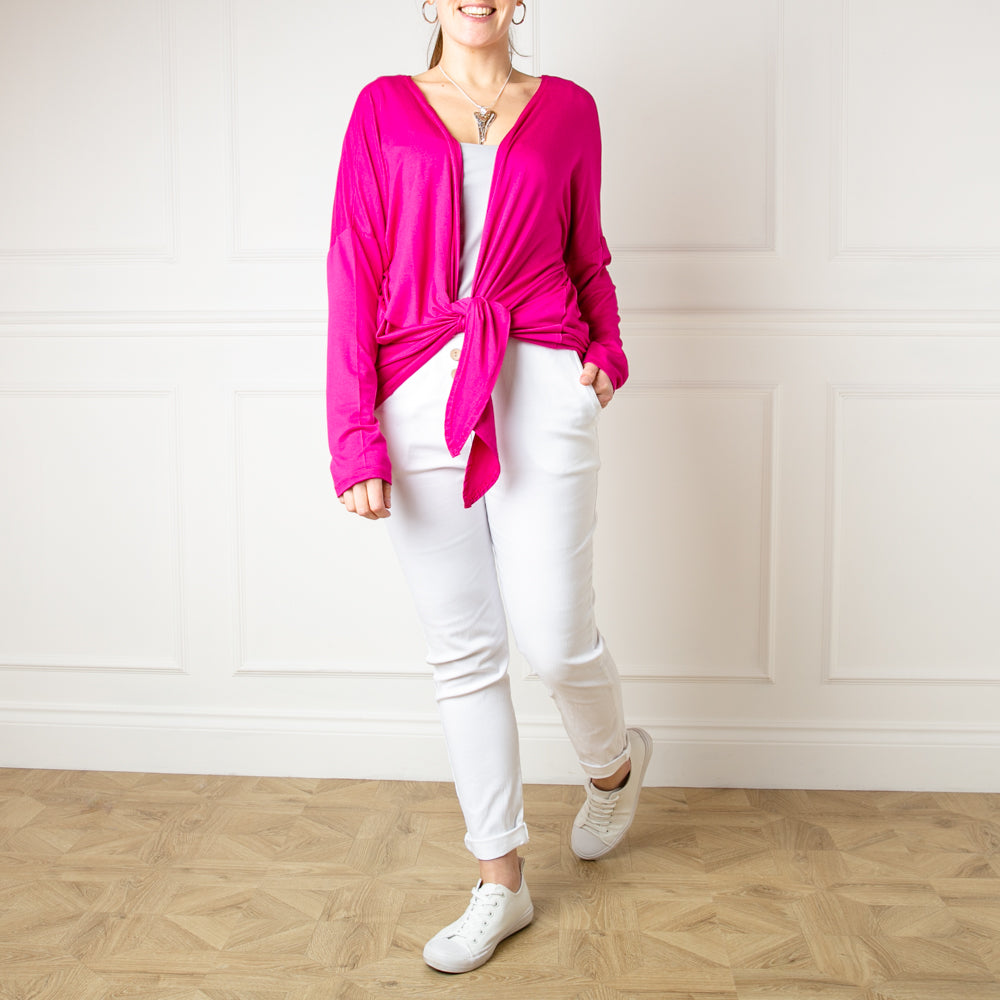 The Tie front Cardigan in fuchsia pink with so many ways to wear