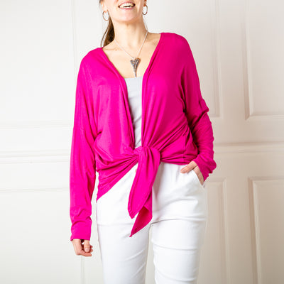 Tie front Cardigan in Fuchsia pink with long sleeves and an easy to tie design 