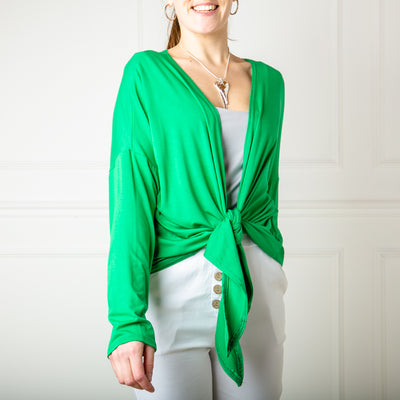 The Tie Front Cardigan in emerald green made from a super soft viscose blend material