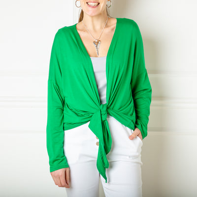 The Tie front Cardigan in emerald green with so many ways to wear