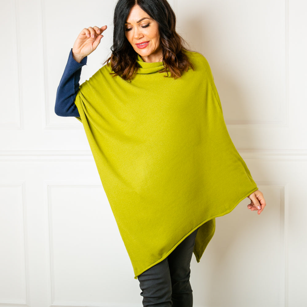 Tilley poncho in Chartreuse, super soft, high neck, waterfall shape, easy to wear, multiple ways to style