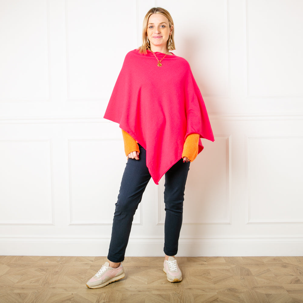 Tilley poncho in Flamingo Pink, super soft, high neck, waterfall shape, easy to wear, women's outerwear, women's ponchos