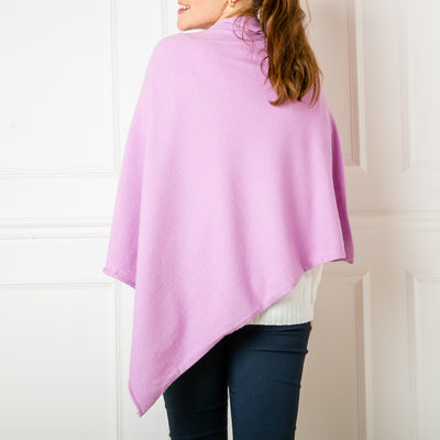 Back profile, Tilley poncho in Lilac, super soft, high neck, waterfall shape, easy to wear, women's outerwear, women's ponchos