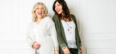 Two of our models wearing the mohair stitch cardigan, to represent the made in Italy collection.