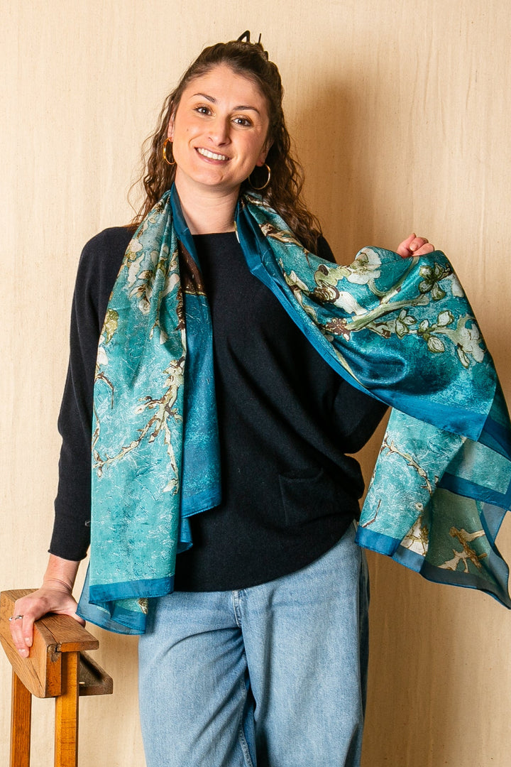 Spring Bud Teal Silk Scarf