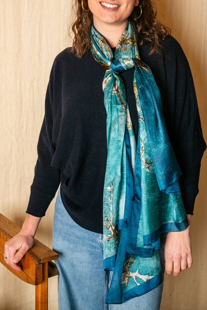 Spring Bud Teal Silk Scarf