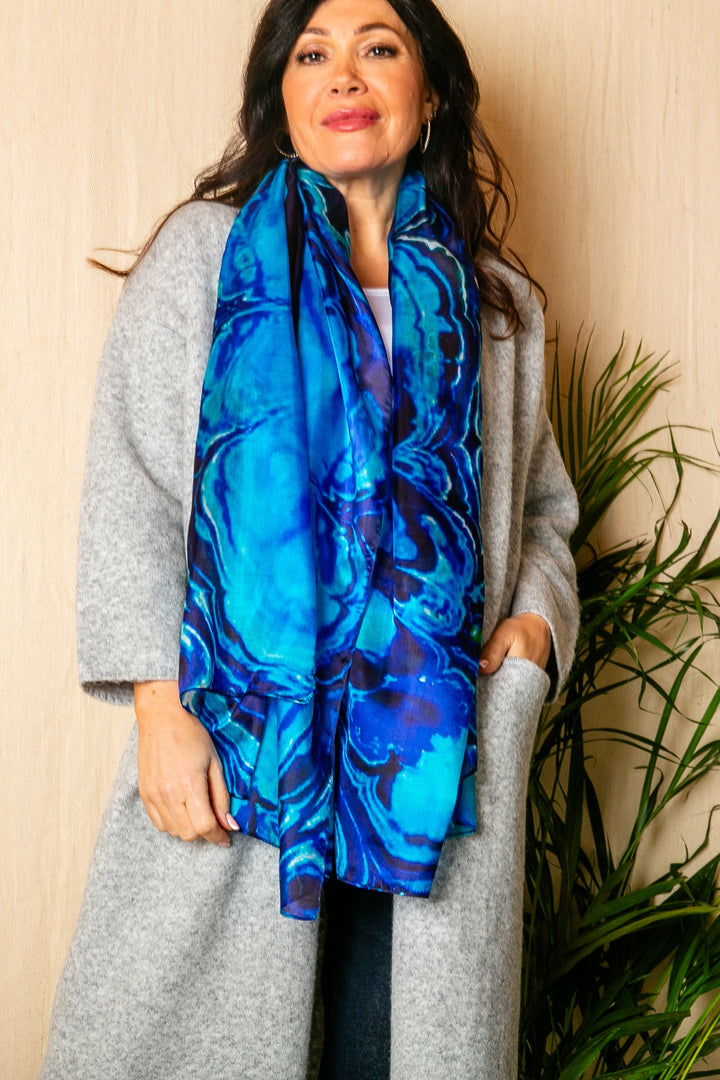 Abstract Blue Silk Scarf