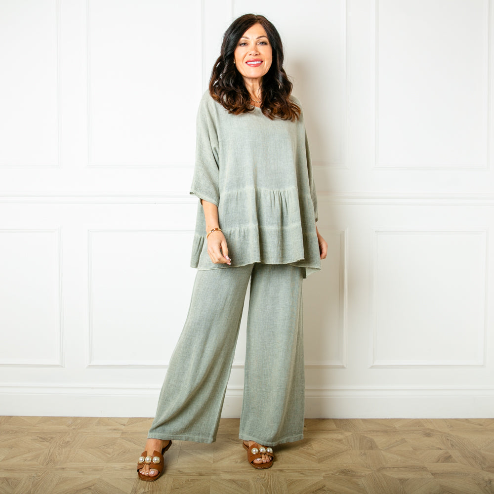 The sage green Linen Blend Tiered Top made from a mix of cotton and linen for a lightweight relaxed summer look