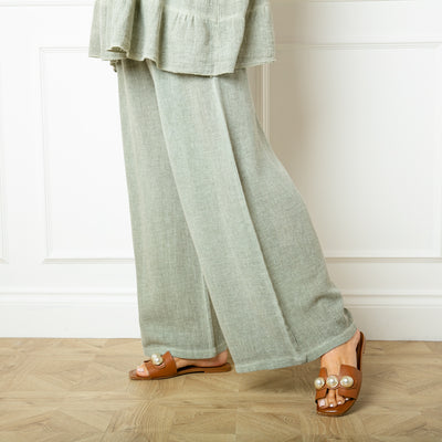 The sage green Linen Blend Trousers with an elasticated waistband for added comfort