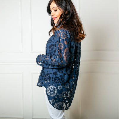 The Broderie Mesh Blouse in navy blue with beautiful lace cut out details 