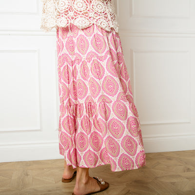 Flora Stamp Tiered Skirt in pink featuring a beautiful detailed floral paisley print 