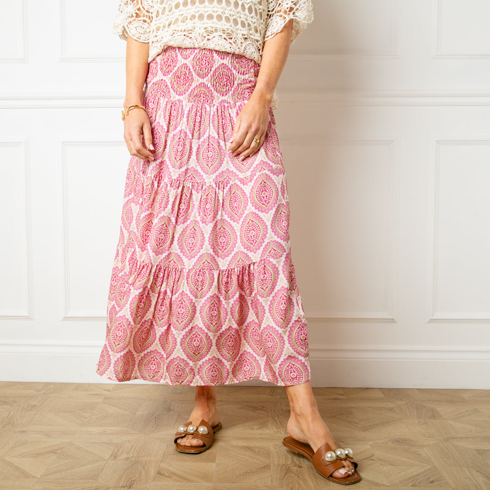 Flora Stamp Tiered Skirt in pink with a wide shirred elasticated waistband 